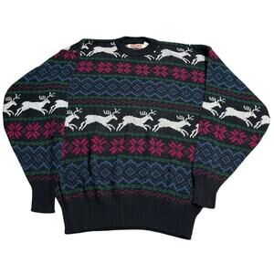 VTG Richs Sweater Christmas Fair Isle Nordic Reindeer Crew Neck Mens XL Black